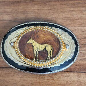 Vintage Horse Western Belt Buckle W/ Gold Detailing & Wood Inlay Oval 3.5"